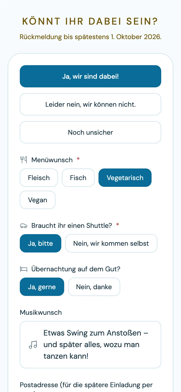 Antwortformular der Gästekarte in der Vorlage „Amalfi & Zitrone“ mit Zu- und Absage, Menüwunsch und weiteren Fragen