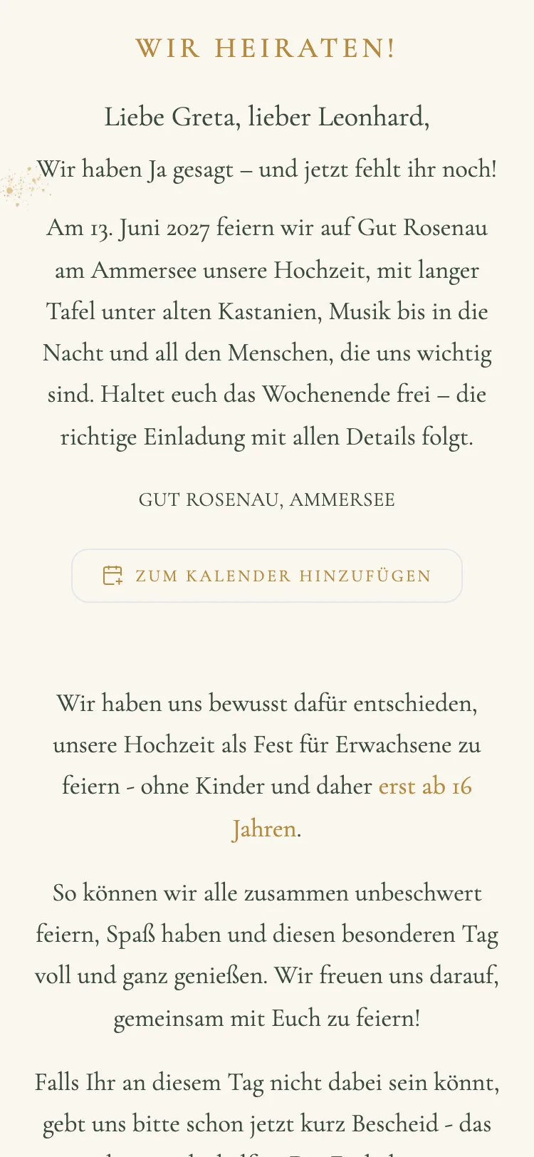 Gästekarte auf dem Handy, die mit „Liebe Greta, lieber Leonhard“ beginnt, darunter der Begrüßungstext und der Knopf für den Kalender