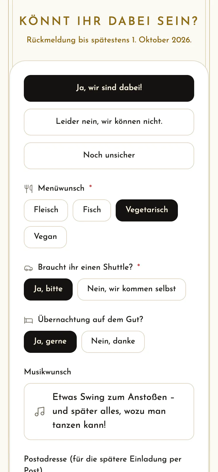 Antwortformular der Gästekarte in der Vorlage „Art déco“ mit Zu- und Absage, Menüwunsch und weiteren Fragen