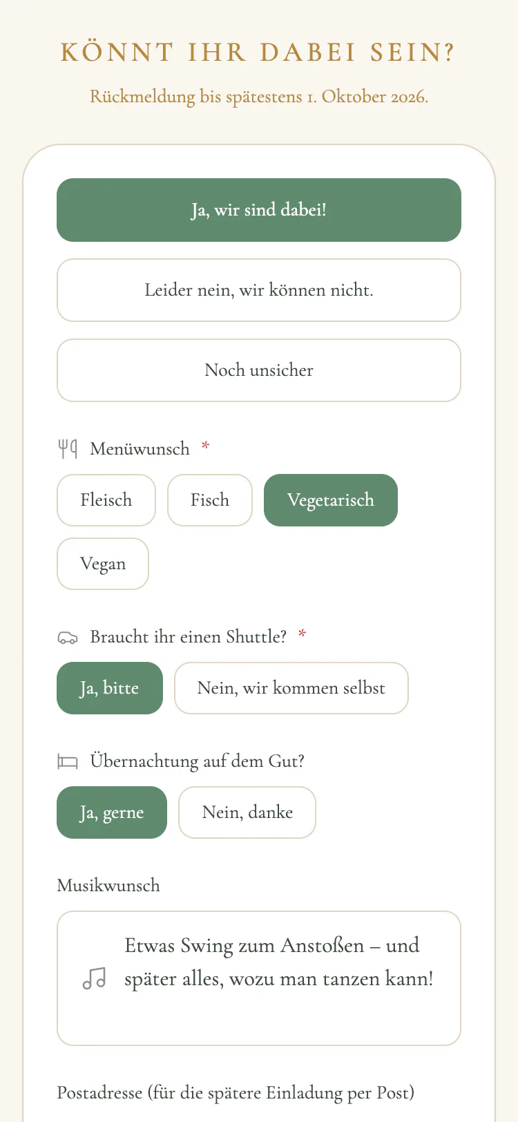 Antwortformular der Gästekarte in der Vorlage „Eukalyptus & Gold“ mit Zu- und Absage, Menüwunsch und weiteren Fragen