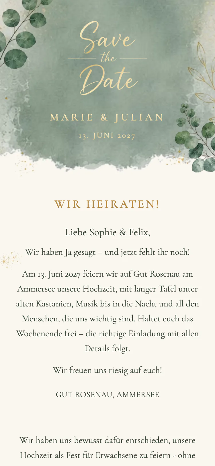 Digitale Save-the-Date-Karte auf einem Smartphone, daneben die Gästeliste im Browser