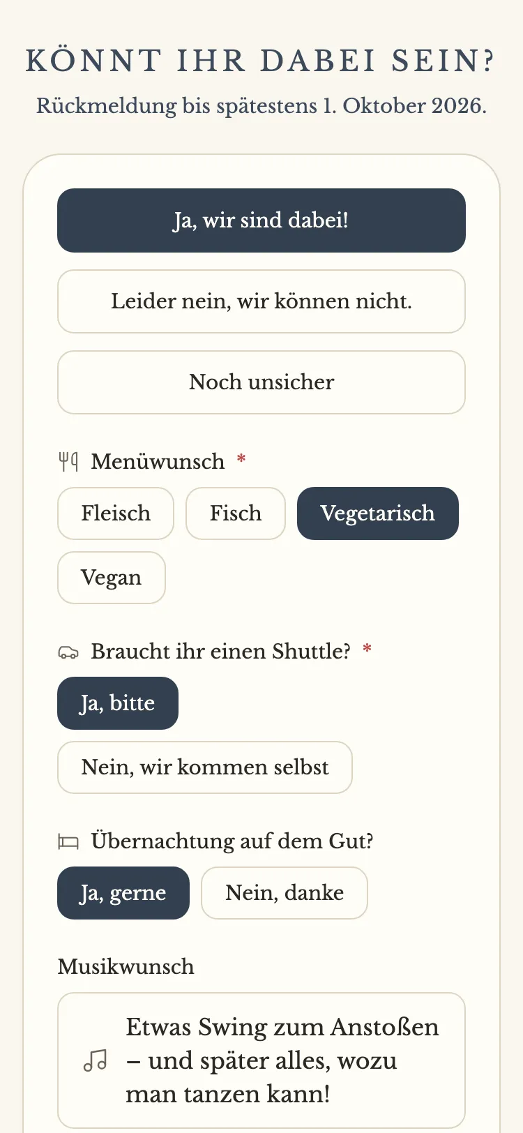 Antwortformular der Gästekarte in der Vorlage „Kalligrafie & Bütten“ mit Zu- und Absage, Menüwunsch und weiteren Fragen