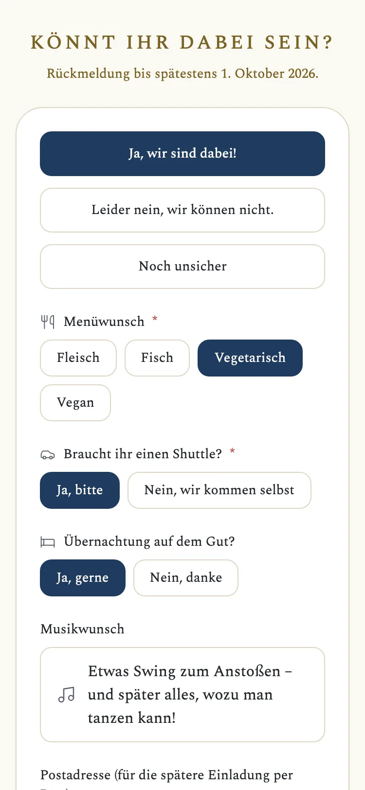 Antwortformular der Gästekarte in der Vorlage „Monogramm & Siegel“ mit Zu- und Absage, Menüwunsch und weiteren Fragen