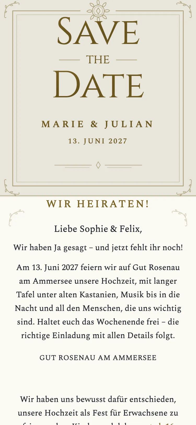 Gästekarte in der Vorlage „Monogramm & Siegel“ – Kartenkopf mit den Namen des Brautpaars, Datum und Ort
