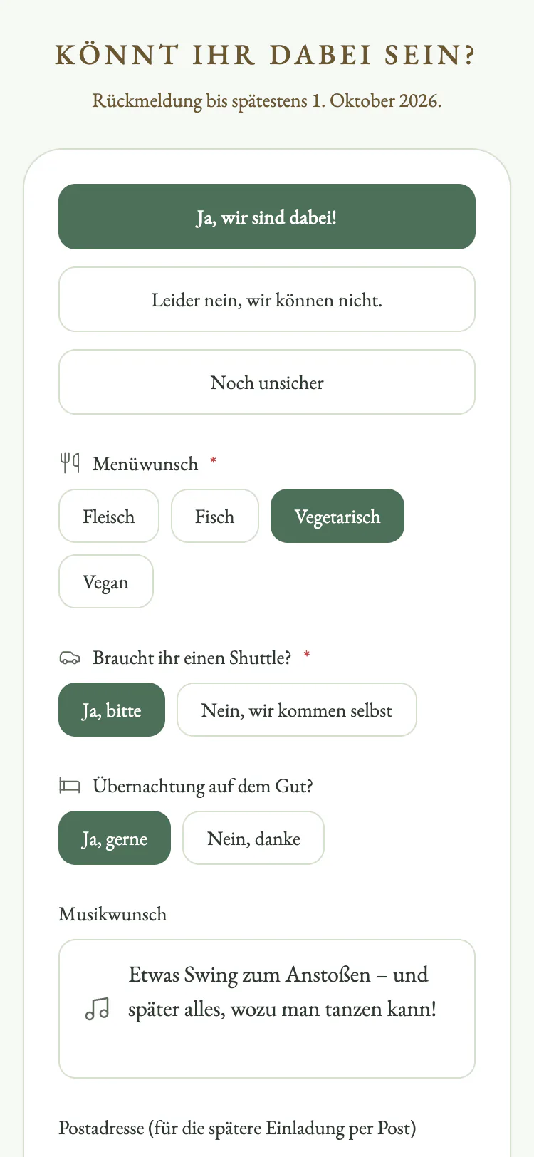 Antwortformular der Gästekarte in der Vorlage „Zarte Linien-Botanik“ mit Zu- und Absage, Menüwunsch und weiteren Fragen
