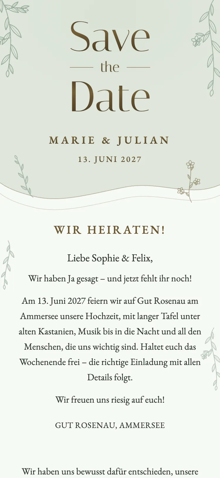 Gästekarte in der Vorlage „Zarte Linien-Botanik“ – Kartenkopf mit den Namen des Brautpaars, Datum und Ort