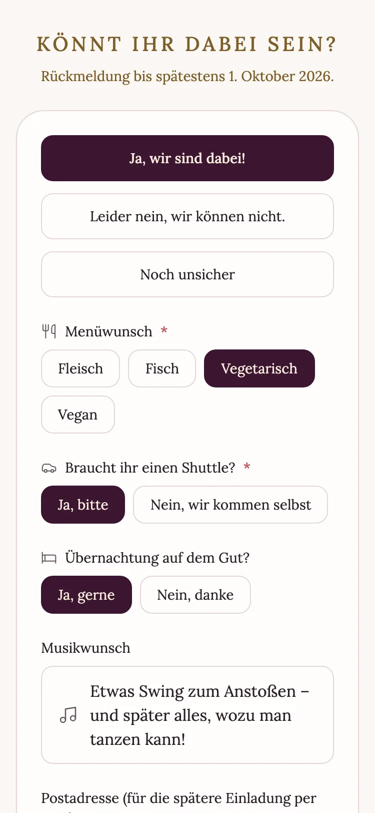 Antwortformular der Gästekarte in der Vorlage „Mitternachtsgarten“ mit Zu- und Absage, Menüwunsch und weiteren Fragen