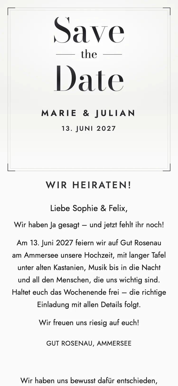 Gästekarte in der Vorlage „Typografisch & Minimal“ – Kartenkopf mit den Namen des Brautpaars, Datum und Ort