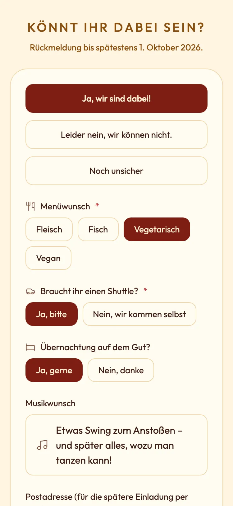 Antwortformular der Gästekarte in der Vorlage „Retro & Welle“ mit Zu- und Absage, Menüwunsch und weiteren Fragen