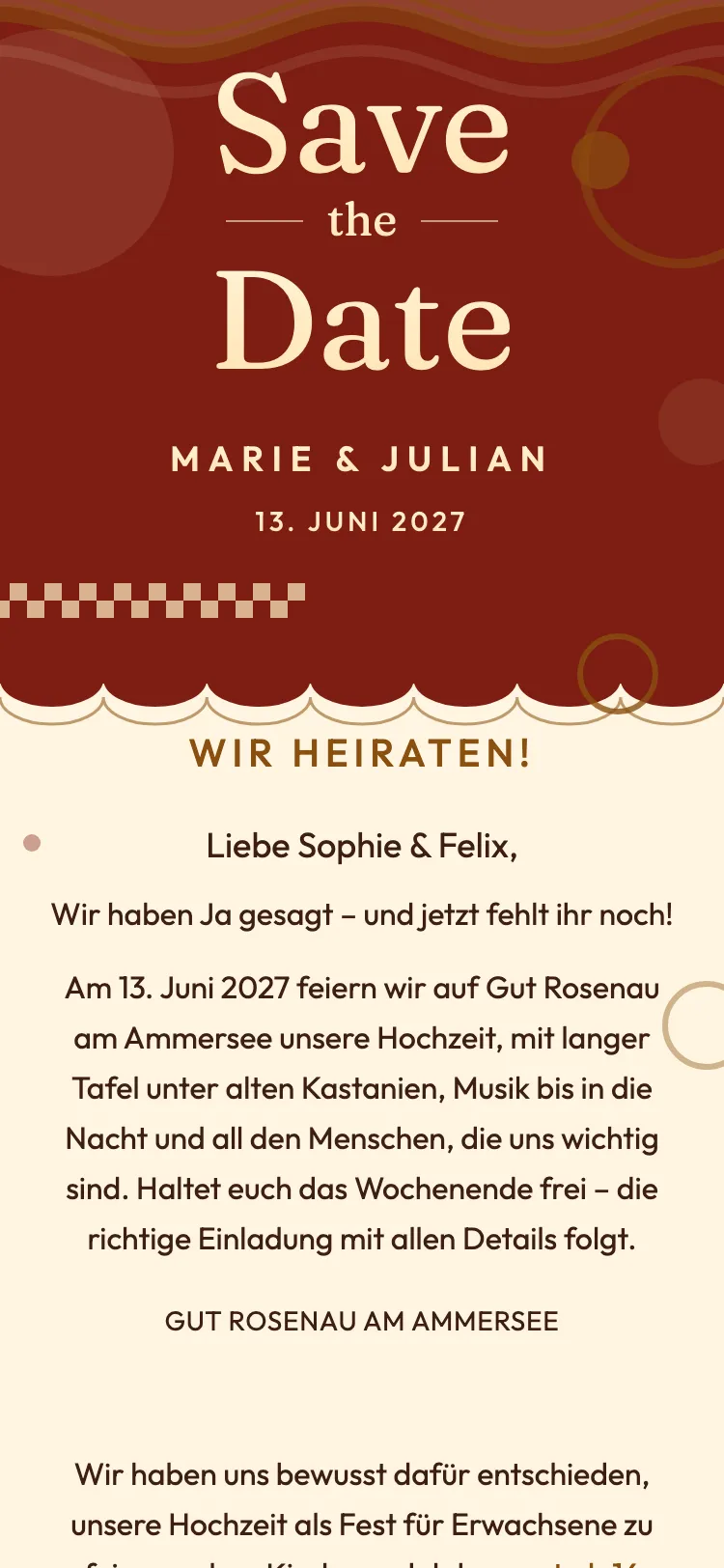 Gästekarte in der Vorlage „Retro & Welle“ – Kartenkopf mit den Namen des Brautpaars, Datum und Ort